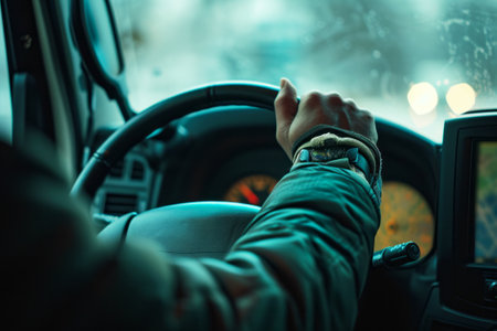 Driver Navigating with GPS, Close-up of a driver's hand on a steering wheel, wearing a smartwatch with GPS navigation, focusing on the journey ahead.の素材