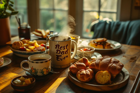 Cozy Family Breakfast with a Best Dad Ever Mug, A warm family breakfast table featuring a Best Dad Ever' mug, surrounded by pastries and soft morning light.の素材