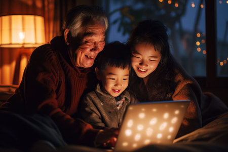 Multigenerational Family Engaging in Online Activities Together, An Asian grandfather and his grandchildren share a happy moment in front of a laptop, cozy indoor setting with soft lighting.の素材