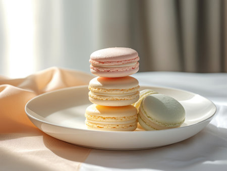 Serene Macarons Stack on White Plate, A tranquil stack of macarons in soft pastel shades, elegantly presented on a white plate with warm sunlight filtering through.の素材