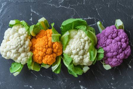 Trio of Cauliflowers in White, Orange, and Purple, A trio of cauliflowers showcasing white, orange, and purple heads, arranged on a dark textured slate for a bold visual contrast.の素材