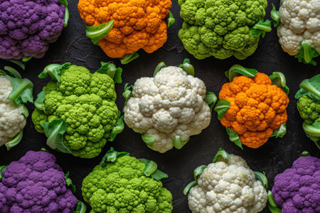 Variety of Cauliflower in Green, White, Orange, and Purple, Array of colorful cauliflowers including green, white, orange, and purple varieties on a dark slate background.の素材