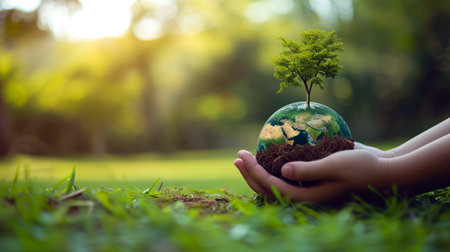 Ecological Concept with a Green Globe in Hands, Hands holding a green globe with a tree growing on top, symbolizing environmental conservation and sustainability.の素材