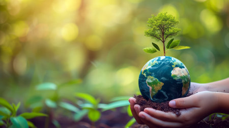 Ecological Concept with a Green Globe in Hands, Human hands holding plant trees on the globe, planet or earth over blurred green garden nature background. Concept of the Environment World Earthの素材
