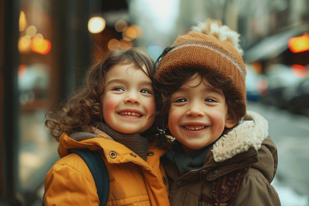 Joyful Children Smiling in Urban Winter Setting, Cheerful children in winter clothing sharing a laugh on a lively city street, exuding warmth and happiness.の素材