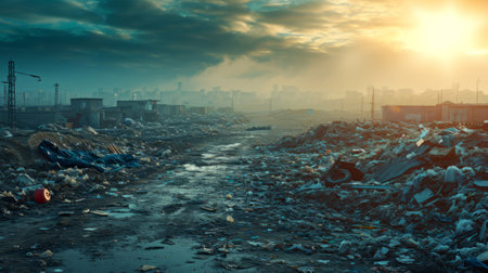 Waste Landscape in Urban Outskirts, A bleak landscape of waste and debris with the city skyline in the distance, underscoring urban pollution and the need for waste management.の素材