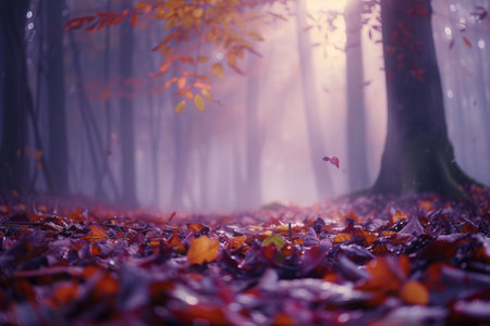 Enchanted Autumn Forest with Misty Atmosphere and Falling Leaves, A mystical autumn forest comes alive with hues of purple and orange, as mist weaves through the trees and leaves gently fall to the ground.の素材