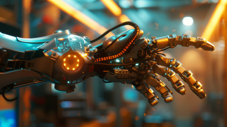 Futuristic Cyborg Hand with Orange Illumination, A futuristic cyborg hand with advanced mechanics and orange illuminated joints showcases state-of-the-art robotics.の素材