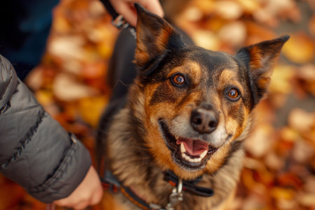 Happy Dog Enjoying an Autumn Walk, A happy dog with a radiant smile on an autumn walk, surrounded by vibrant fall leaves and the soft light of the afternoon sun.の素材