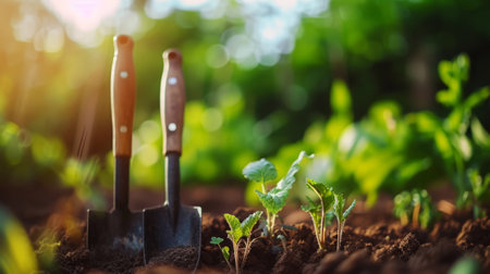 Garden Tools and Young Plants in Sunlight, Garden tools rest beside young plants in a sunlit garden, suggesting growth and the nurturing work of gardening.の素材