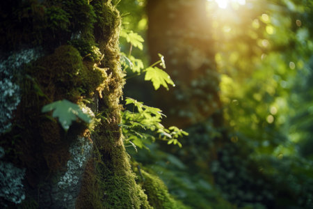 Sunlight Filtering Through Fresh Green Leaves on Forest Tree, Sunlight dances through the vibrant green leaves of a forest tree, creating a play of light and shadow on the textured bark.の素材