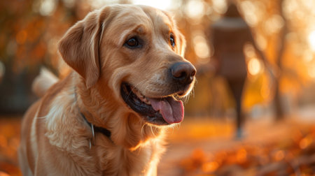 Golden Retriever Basking in Autumn Sunshine, A golden retriever dog with a shiny coat enjoys the warmth of the autumn sun, amidst a backdrop of rich fall colors.の素材