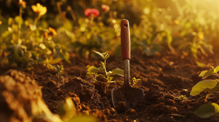 Gardening Trowel in Soil at Golden Hour, A close-up of a gardening trowel in fertile soil during golden hour, surrounded by the soft light of blooming flowers and young plants.の素材