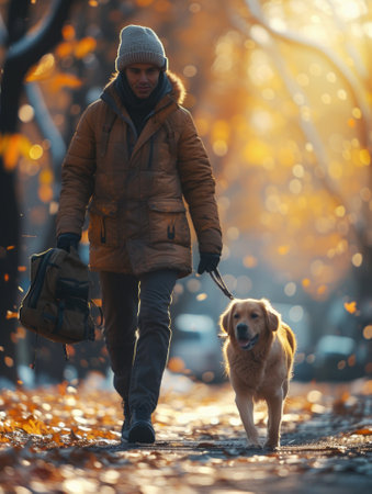 Autumn Walk with a Majestic Golden Retriever, A majestic Golden Retriever enjoys an autumnal walk on a leaf-covered path, with its owner in casual attire, enjoying the seasonal ambiance.の素材