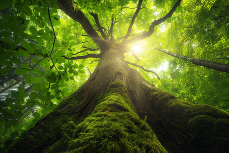 Lush Green Canopy of an Old Growth Forest with Sun Flares, Sunlight breaks through the lush green canopy of an ancient forest, highlighting the rich textures of moss and bark on an old tree.の素材