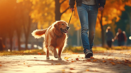 Autumn Walk with a Majestic Golden Retriever, A majestic Golden Retriever enjoys an autumnal walk on a leaf-covered path, with its owner in casual attire, enjoying the seasonal ambiance.の素材