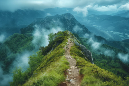 Majestic Mountain Ridge with Dynamic Weather and Green Slopes, A rugged mountain ridge stands tall under a dynamic sky, with sweeping winds over lush green slopes and paths inviting adventure.の素材
