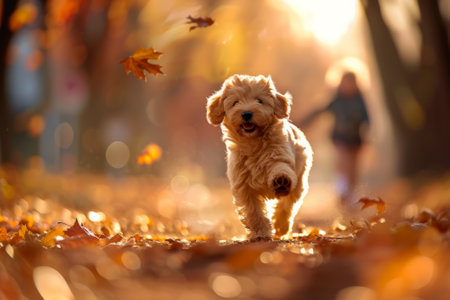 Joyful Dog Frolicking in Autumn Leaves, A small, joyful dog leaps through a cascade of falling autumn leaves, capturing the essence of playfulness in the fall season.の素材