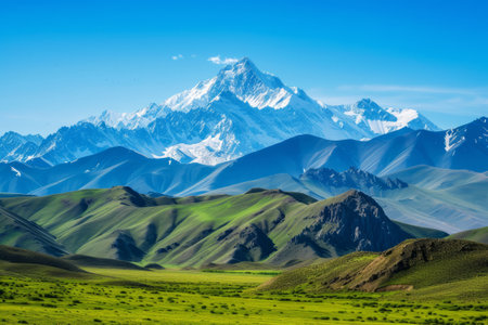 Majestic Snow-Capped Mountain Range Overlooking Green Valleys, Snow-capped peaks rise majestically above vibrant green valleys under the clear blue sky, offering a breathtaking natural landscape.の素材