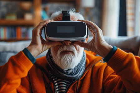 Elderly Gentleman Exploring VR Technology, An elderly man adjusts his VR headset, his face lit with the thrill of exploring new technological frontiers.の素材