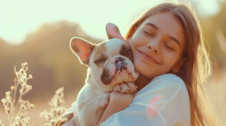 Idyllic Embrace: Woman with French Bulldog at Sunset, A serene embrace captures the special bond between a woman and her French Bulldog amidst a field bathed in sunset's glow.の素材