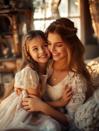 Elegant Mother and Daughter in a Tender Embrace, A mother's gentle embrace envelops her daughter, their matching smiles and elegance painting a picture of familial love.の素材