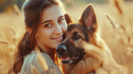 Harmonious Bond: Woman and German Shepherd in Autumn Sunset, A woman and her German Shepherd share a harmonious bond, surrounded by the golden hues of an autumn sunset in the field.の素材