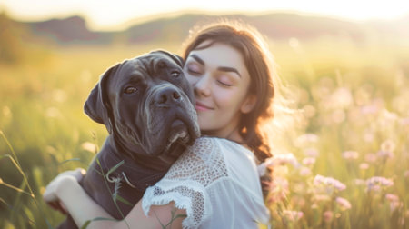 Joyful Sunset: Woman Enjoying Time with Her Cane Corso, A woman's heartfelt laughter echoes the joy of spending golden hour with her Cane Corso in a field illuminated by sunset.の素材