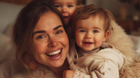 Joyful Mother Embracing Her Toddlers at Home, A radiant mother shares a heartfelt embrace with her two young children, their faces alight with joy and closeness.の素材