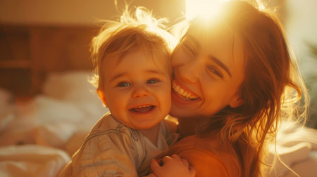 Mother's Delight: Radiant Smiles with Her Toddler, Captured in golden light, a mother's affectionate hold and shared laughter with her toddler epitomize the joy of motherhood.の素材