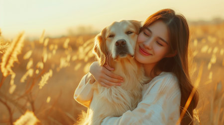 Summer Joy: Smiling Woman Hugging Golden Retriever Under Sunlight, Basking in the sunlight, a smiling woman shares a joyous moment with her Golden Retriever, surrounded by nature's warmth.の素材