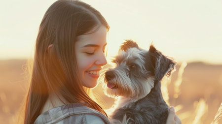 Portrait of a beautiful young woman with her dog at sunset.の素材
