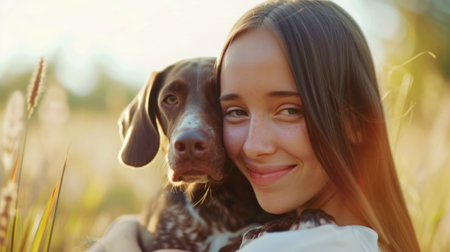 Autumnal Bliss: Woman Embracing German shorthaired pointer in Evening Light, A serene moment captures a woman hugging her German shorthaired pointer, both enveloped in the soft glow of autumn's evening light.の素材