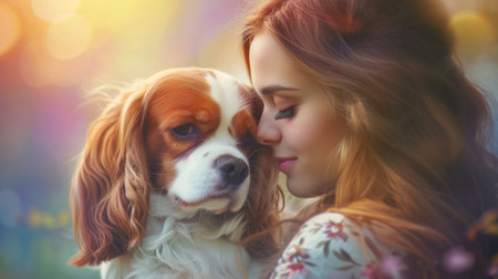 Tranquil Connection: Woman Cuddling with Cavalier King Charles Spaniel, A tranquil scene of a woman cuddling her Cavalier King Charles Spaniel, enveloped by a soft bokeh of floral hues.の素材