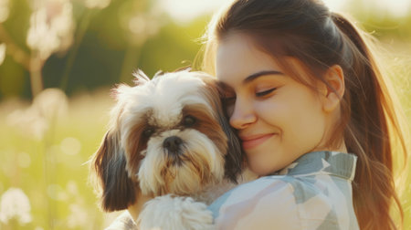 Sunny Serenity: Young Woman and Shih Tzu Enjoying a Peaceful Moment, A peaceful embrace unfolds as a young woman holds her Shih Tzu close, amidst a serene field with soft pink flowers under the warm sunlight.の素材