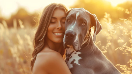 Canine Affection: Woman Lovingly Hugs Grey Great Dane in Blooming Field, A tranquil field of blooms sets the scene as a woman gently hugs her Grey Great Dane, a picture of pure canine affection.の素材