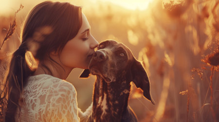 Autumnal Bliss: Woman Embracing German shorthaired pointer in Evening Light, A serene moment captures a woman hugging her German shorthaired pointer, both enveloped in the soft glow of autumn's evening light.の素材