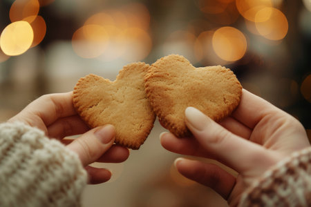 Autumn Love: Heart-Shaped Cookies in Nature, In the gentle light of autumn, two hands come together, each holding a heart-shaped cookie, echoing the natural beauty of the season.の素材