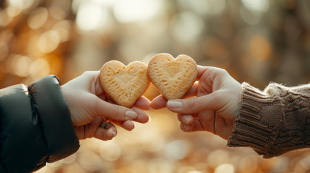Autumn Love: Heart-Shaped Cookies in Nature, In the gentle light of autumn, two hands come together, each holding a heart-shaped cookie, echoing the natural beauty of the season.の素材
