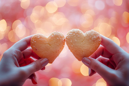 Handmade Love: Sharing Homemade Heart-Shaped Cookies, Hands present freshly baked heart-shaped cookies against a dreamy bokeh background, conveying the warmth of homemade affection.の素材