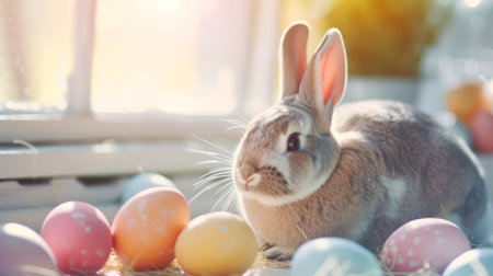 Easter Bunny with Decorative Eggs, A bunny surrounded by decorative pastel-colored Easter eggs in a bright sunlit room.の素材