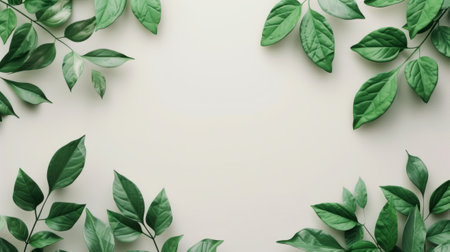 Green Leaves on Soft Background, Fresh green leaves arranged artistically on a muted green background.の素材