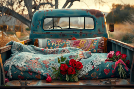 Vintage Truck Bed Romantic Setup, A romantic evening arrangement in an old truck bed with pillows and roses.の素材