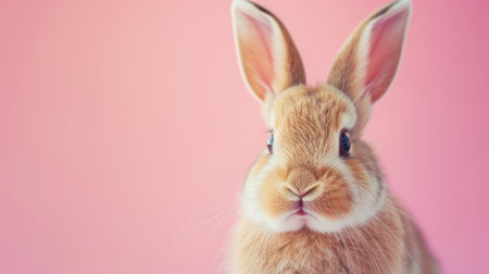 Adorable Bunny on Pink Background, A cute bunny with upright ears on a soft pink background.の素材