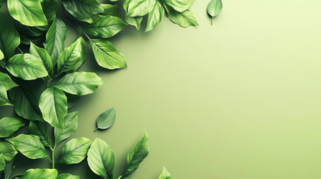 Green Leaves on Soft Background, Fresh green leaves arranged artistically on a muted green background.の素材