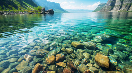 Clear Waters Over Smooth Pebbles, Crystal-clear lake waters revealing smooth, colorful pebbles underneath.の素材