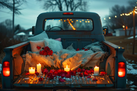 Vintage Truck Bed Romantic Setup, A romantic evening arrangement in an old truck bed with pillows and roses.の素材