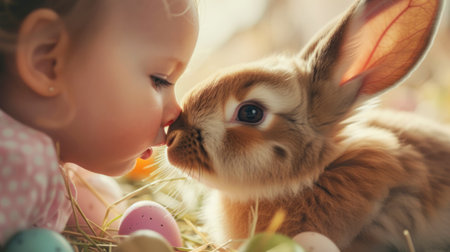 Toddler Kissing Bunny Amongst Easter Eggs, A child's tender kiss on a bunny surrounded by Easter eggs.の素材