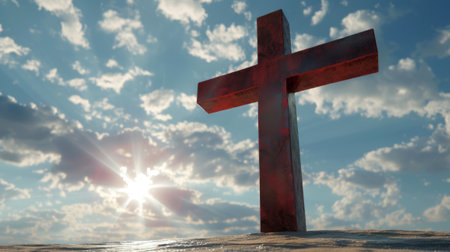 Wooden Cross Under Sunrays and Clouds, A wooden cross stands under a celestial display of sunrays and clouds.の素材