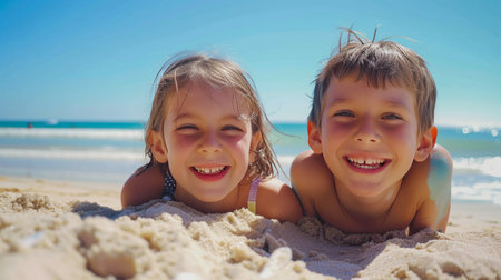 Sibling Fun on Sandy Beach, Laughing kids lying on beach sand, vacation and travel concept.の素材